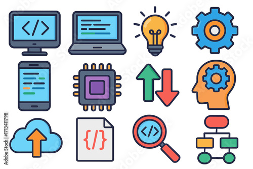 Programming and technology vector icon set. Web, app development, coding, cloud computing, big data, AI, processor concepts. Flat cartoon style infographic design elements.