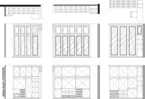 “Vector Drawing of Bedroom Walk-in Closet with Interior and Exterior Wardrobe Design for Interior Decoration”