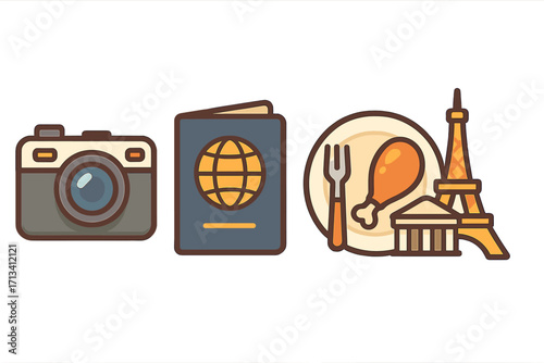 Travel to Paris, France icon set. Tourism vacation journey concept. International passport, photo camera, French food on a plate, and Eiffel Tower landmark. Flat design vector.