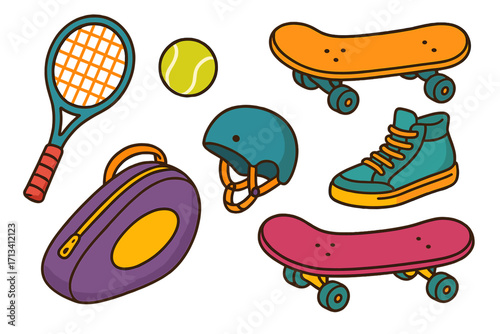 Set of sports equipment for tennis and skateboarding. Vector cartoon illustration of racket, ball, skateboard, helmet, sneaker. Active lifestyle hobby concept icons design.