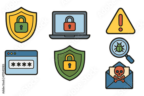 Cyber security icon set. Vector cartoon illustration of digital safety measures. Protection from online threats like virus, malware, phishing, and spam. Password data protection.