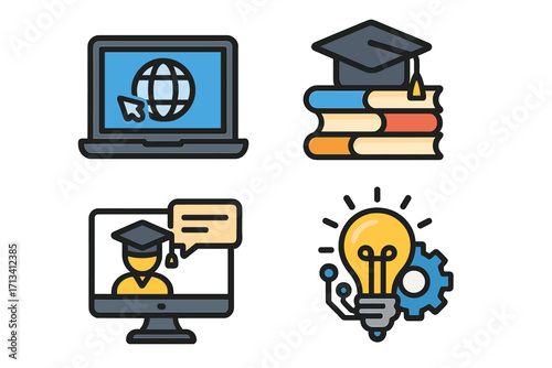 E-learning icon set for online education and distance learning. Creative symbols for university, school course, and webinar. Knowledge, technology, innovation vector icons.