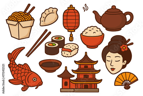 Collection of Asian culture icons. Chinese and Japanese food and travel symbols. Noodle, sushi, geisha, koi fish, lantern, and pagoda illustrations. Vector cartoon sticker set.