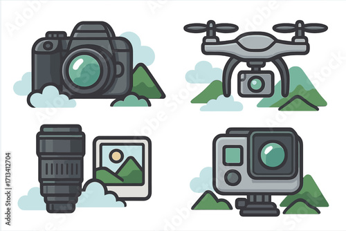 Photography icon set for landscape and travel. Drone, action camera, DSLR and lens vector collection. Modern equipment for aerial videography and adventure photo.