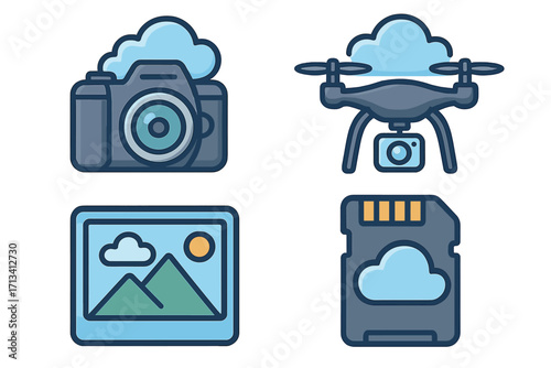 Photography and drone icons with cloud storage. Vector set of camera, quadcopter, SD card and digital picture. Concept for aerial photography, video data and media files.