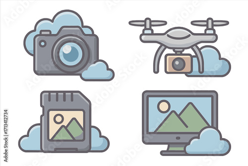 Photography and drone icon set. Digital camera, quadcopter, memory card, computer monitor. Cloud storage and data transfer concept. Aerial videography equipment vector icons.