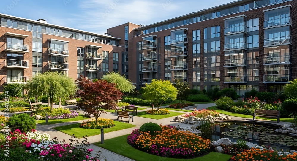 Fototapeta premium A tranquil courtyard garden nestled within a modern apartment complex, showcasing vibrant blooms and meticulously landscaped pathways