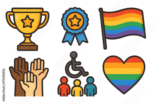 Vector icon set for diversity and inclusion. LGBTQ pride flag, disabled access, multicultural hands, trophy award. Human rights, equality, and community concept illustration.