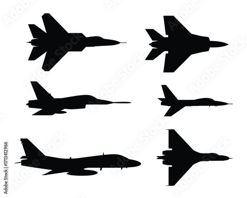 Six black fighter jet silhouettes on white background fighter jets aircraft