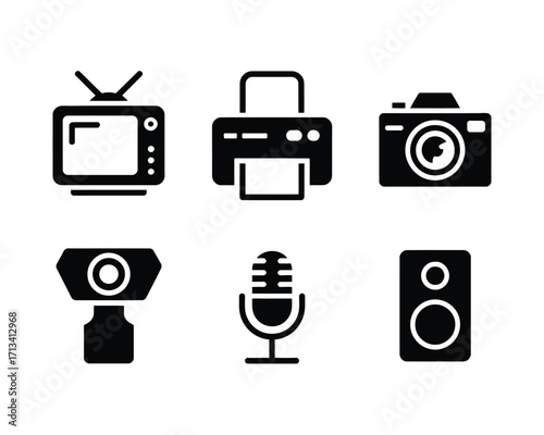 Six black electronic device icons on white television printer