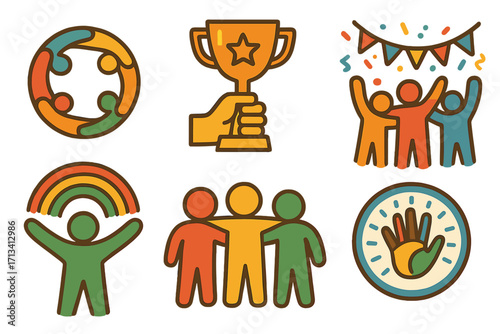 Vector icon set of community, diversity, and achievement. Symbols for teamwork, success, celebration, unity, award trophy, and inclusivity. Flat cartoon illustration.