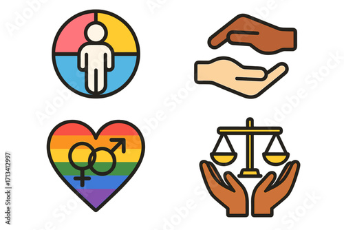 Vector icon set for diversity, inclusion, equality, and social justice. Symbols representing human rights, racial equity, LGBTQ pride, community support, and fairness.