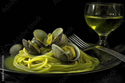 Green spaghetti with clams and olive oil