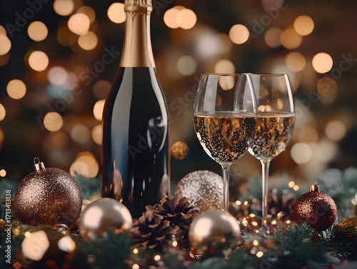 Elegant champagne setup with festive ornaments