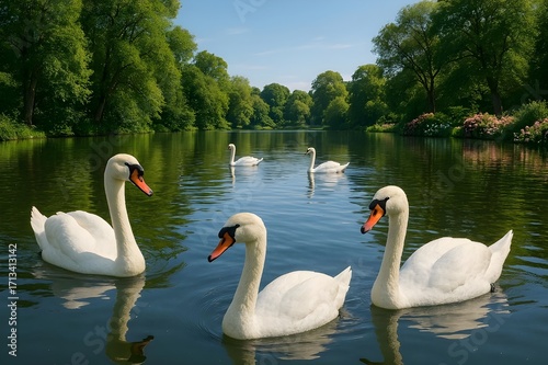 Graceful swans swimming serenely on a calm lake surrounded by lush green trees