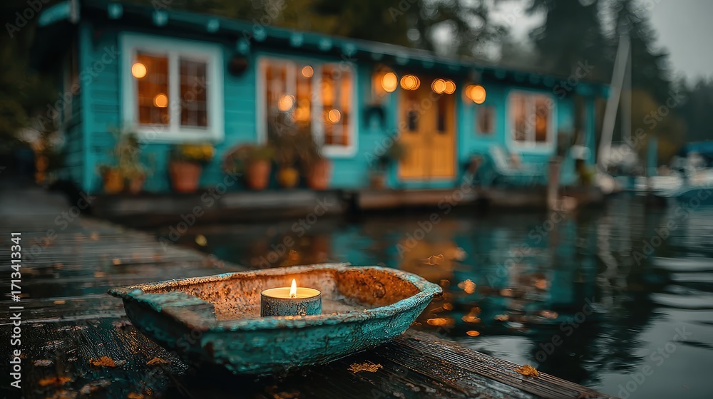 Fototapeta premium Teal cabin, candle boat, tranquil water