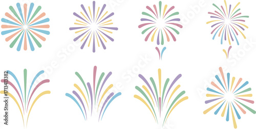 Festive Fireworks in Burst: A collection of vibrant, geometric fireworks bursts against a stark, clean background, celebrating festivities, and a festive atmosphere. 