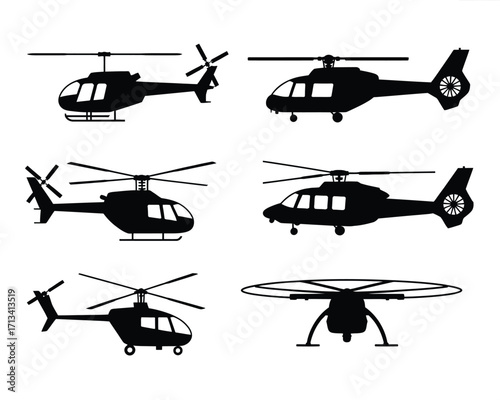 Six black helicopter silhouettes on white background aircraft rotorcraft