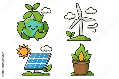 Renewable energy vector icon set for environmental sustainability. Cute cartoon illustrations of solar panel, wind turbine, recycling, and green plant. Eco friendly concept.