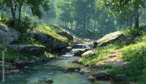 Sunny forest stream. Lush greenery, rocks, flowing water