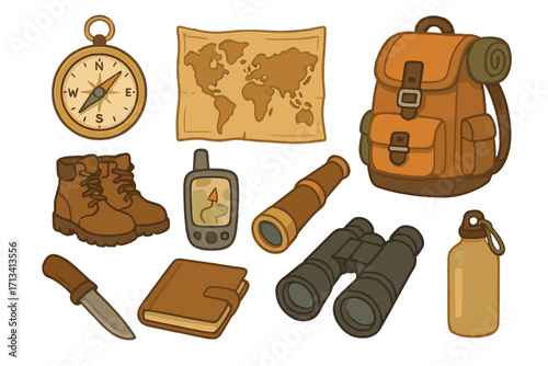 Adventure travel icon set. Exploration tools for hiking and camping. Vector illustration of backpack, compass, map, boots, binoculars. Flat design camping equipment clipart.