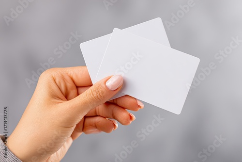 Hand holding two blank white cards against a gray background