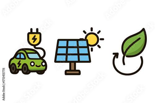 Eco friendly icon set for sustainable living. Green energy concept with electric car charging, solar panel power and renewable resources leaf symbol. Ecology vector illustration.