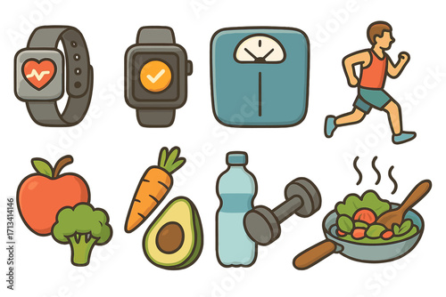 Health and wellness icon set for healthy lifestyle. Fitness tracking with smartwatch, healthy food, cooking, running, weight loss. Vector cartoon for sport, diet, and exercise.