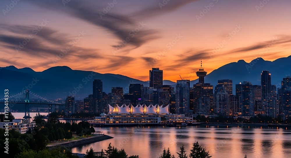 Obraz premium Stunning Sunset over Vancouver Cityscape with Mountains and Water Reflections.