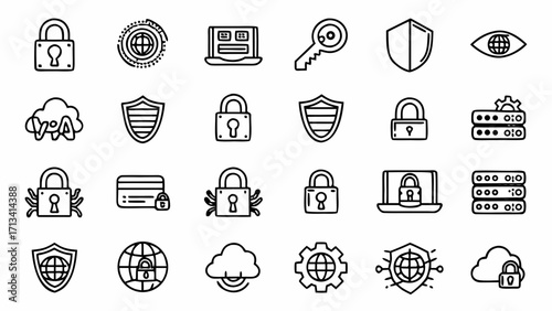 Vector art of collection of cybersecurity and data protection icons including lock, shield, and encryption symbols created and generated with generative ai #4