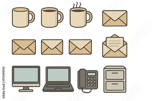 Office icon set. Workspace vector collection. Business design elements. Coffee mug, mail envelope, letter, computer monitor, laptop, desk phone, filing cabinet illustration.