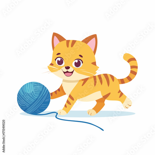 Playful orange tabby kitten chasing a blue ball of yarn. Cute cartoon vector illustration in a flat modern style with clean lines, isolated on a white background