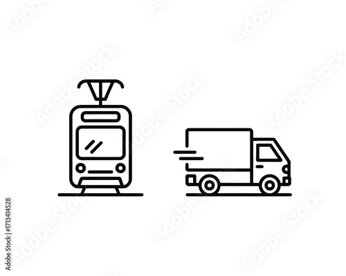 Tram and delivery truck icons train transport