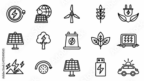 Vector art of collection of ecofriendly and renewable energy icons including solar, wind, biofuel, and electricity symbols created and generated with generative ai #24