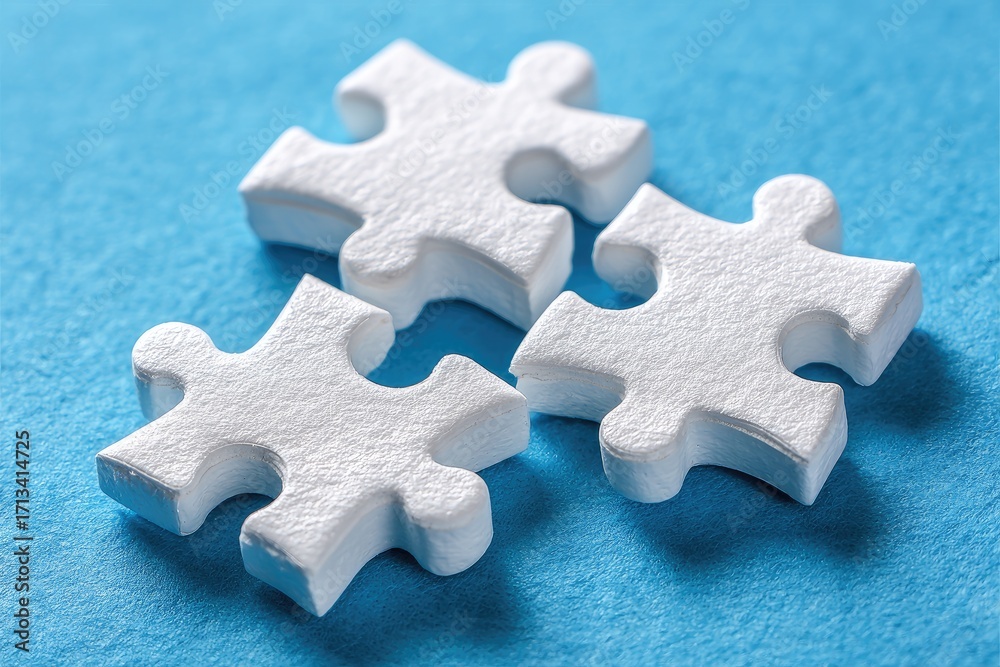 Obraz premium Three white puzzle pieces on a light-blue surface