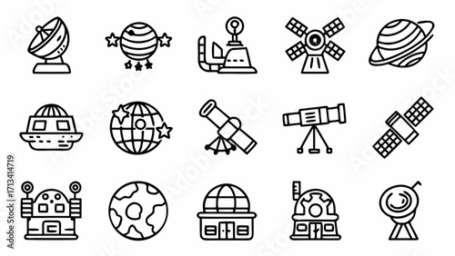 Vector art of collection of spacethemed icons including satellites, telescopes, and planets in black and white line art style created and generated with generative ai #29