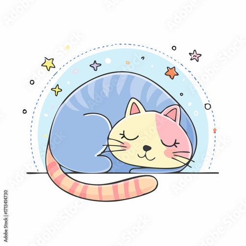 Cute stylized cat sleeping peacefully, dreamlike illustration with stars and gentle colors