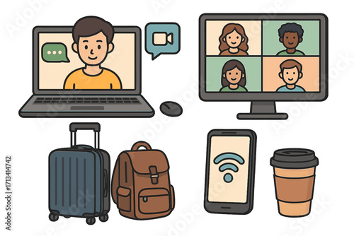 Digital nomad lifestyle icon set. Remote work concept with laptop video call, online meeting, and travel essentials. Work from anywhere, freelance life vector illustration.