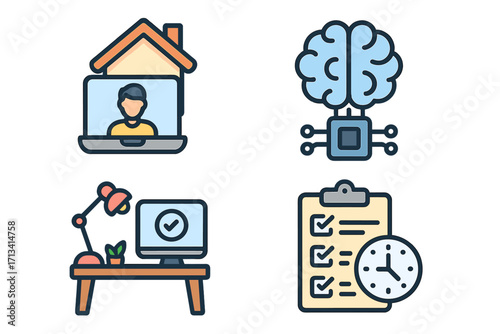 Icon set for modern business. Concepts for remote work from home, artificial intelligence, and productivity. Time management and technology symbols for web and mobile apps.