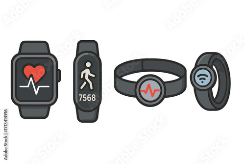 Wearable technology icon set. Health and fitness tracker devices. Smartwatch with heart rate, ECG pulse. Pedometer, smart ring. Sport gadget for monitoring activity.