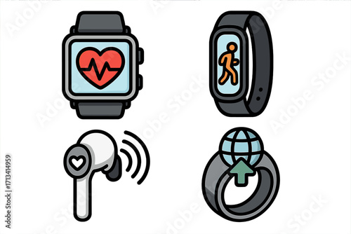 Icons of wearable technology. Smartwatch with heart rate monitor, fitness tracker, smart ring, wireless earbud. Health, sport and wellness gadget vector illustration set.