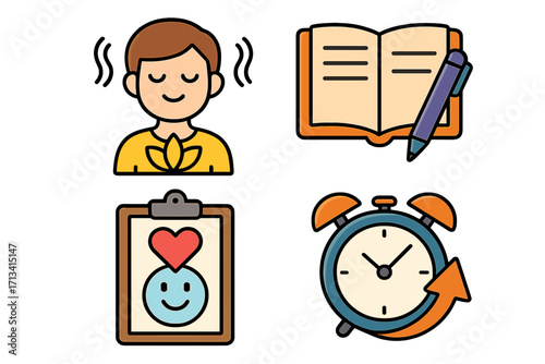 Self care icon set for mental health and well being. Mindfulness meditation, journaling, time management and mood tracking symbols. Personal growth and balance vector illustration.