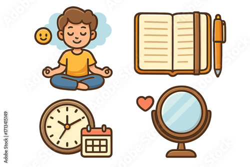 Self-care practices icon set for mental health and well-being. Mindfulness meditation, journaling, time management, self-love concepts. Vector cartoon for healthy habits.