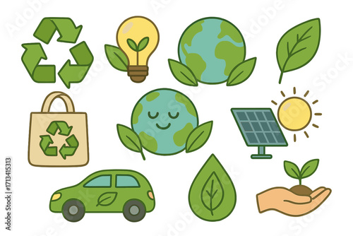 Eco friendly icon collection promoting sustainability and environmental consciousness. Vector cartoon set with green energy, recycling, solar power, planet earth, and conservation.