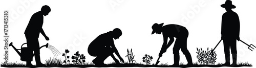 Gardening silhouette illustration, people planting, watering, digging soil, teamwork farming, agriculture concept, outdoor lifestyle, nature care, horticulture 