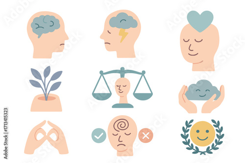 Mental health icon set vector illustration. Psychology concepts symbols. Brain, stress, anxiety, self care, growth, balance, mood disorder, emotion, therapy, wellness.