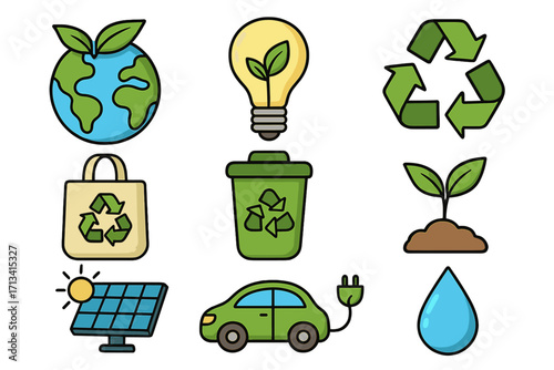 Eco friendly icon set for sustainability and environmental consciousness. Green energy, recycling, and conservation symbols. Vector cartoon illustration of earth, solar panel, electric car.