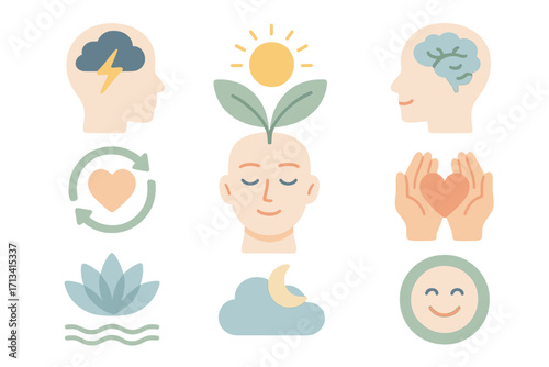 Mental health vector icon set. Psychology, self care, wellbeing concepts. Brain, stress, growth, mindfulness, calm, love, support, emotion symbols. Cartoon illustration.