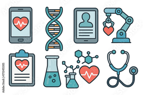 Medical technology and healthcare innovation icon set. Digital health, telemedicine, genetics, robotic surgery, science, and research vector symbols for modern medicine concepts.