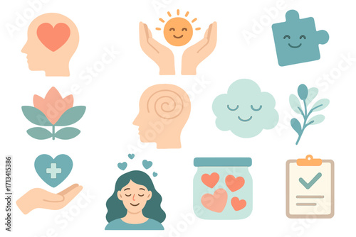 Mental health icon set. Psychology, mindfulness, and self-care concepts. Vector symbols for emotional well-being, positive thinking, therapy, and support. Calm and soothing.